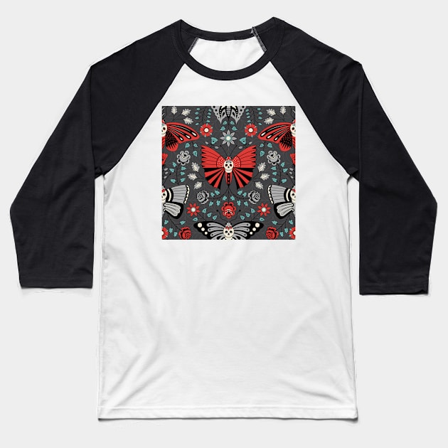 Gothic Halloween design featuring Butterflies, Skulls and Flowers Baseball T-Shirt by missmewow